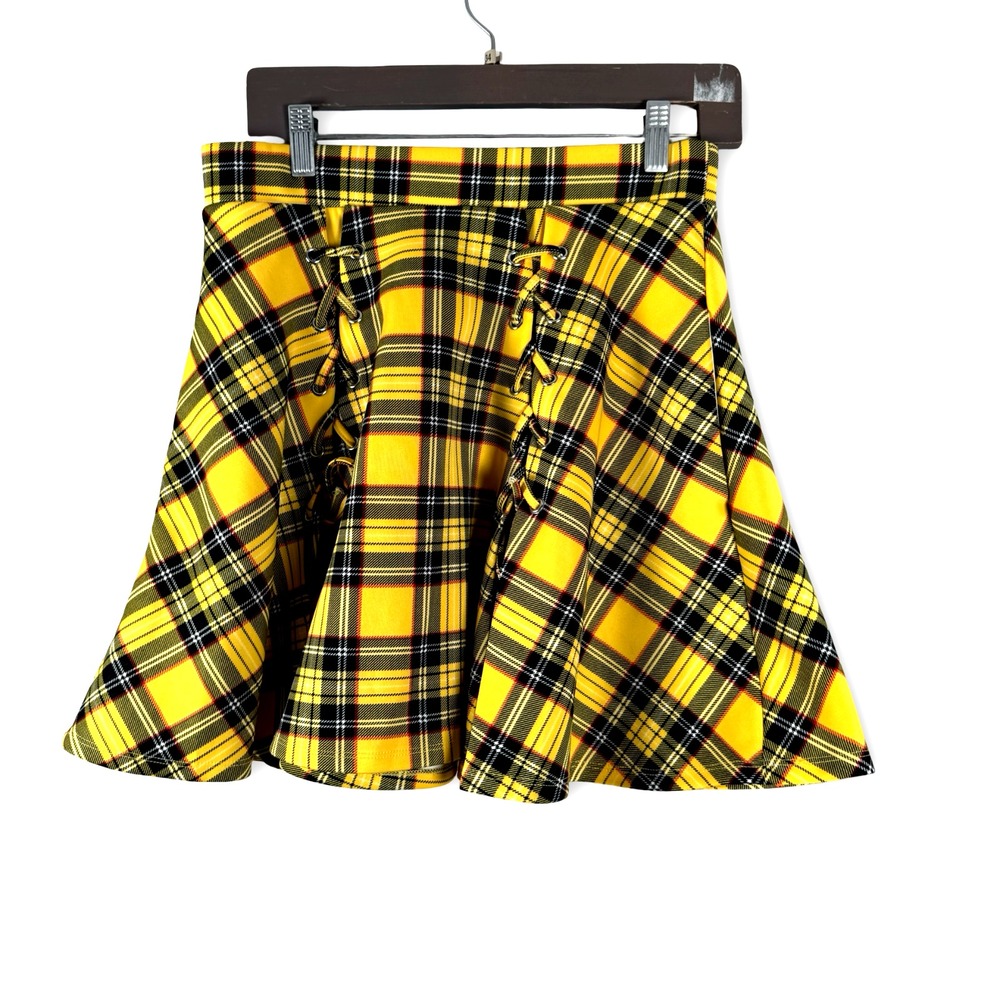 New Hot Topic Womens Plaid School Girl Gothic Yellow Cyber Skirt Sz 12
